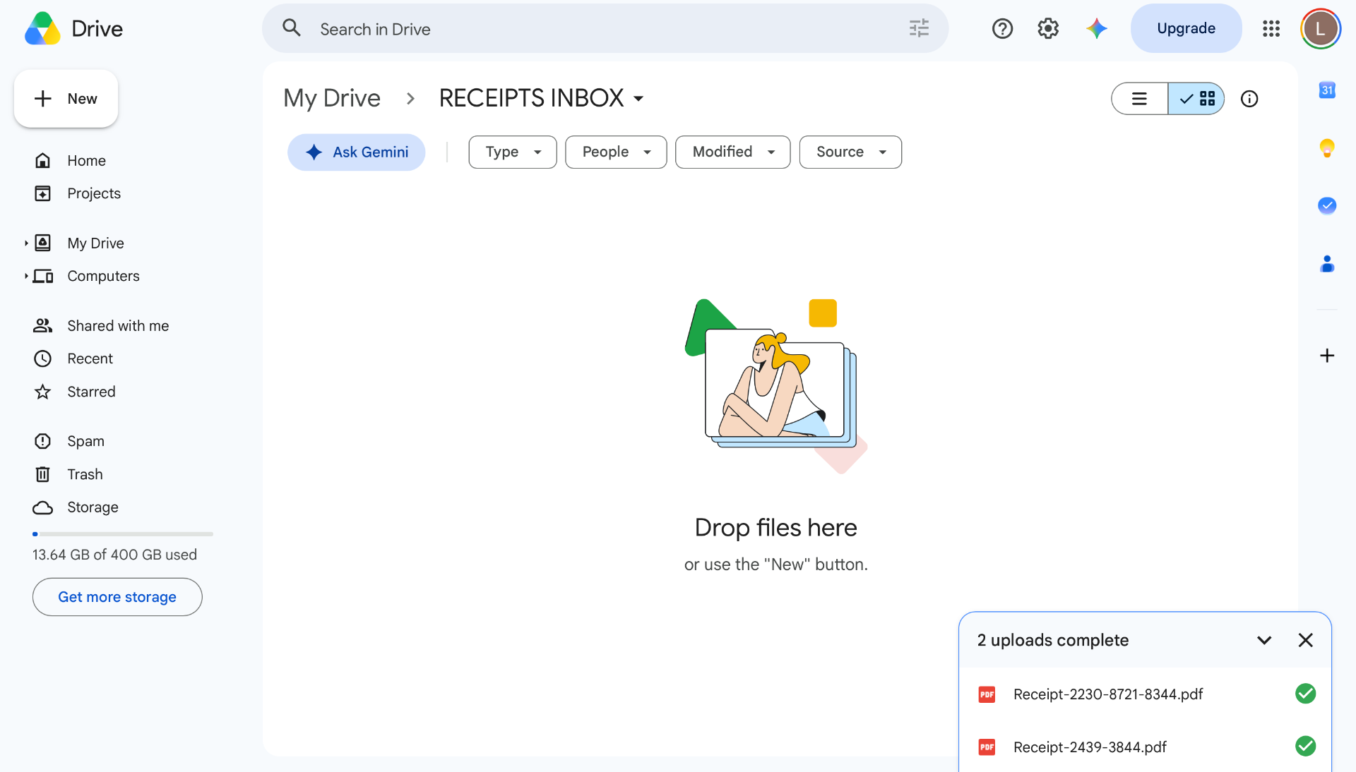 Google Drive 'RECEIPTS INBOX' folder where receipts are dropped to trigger the automation.
