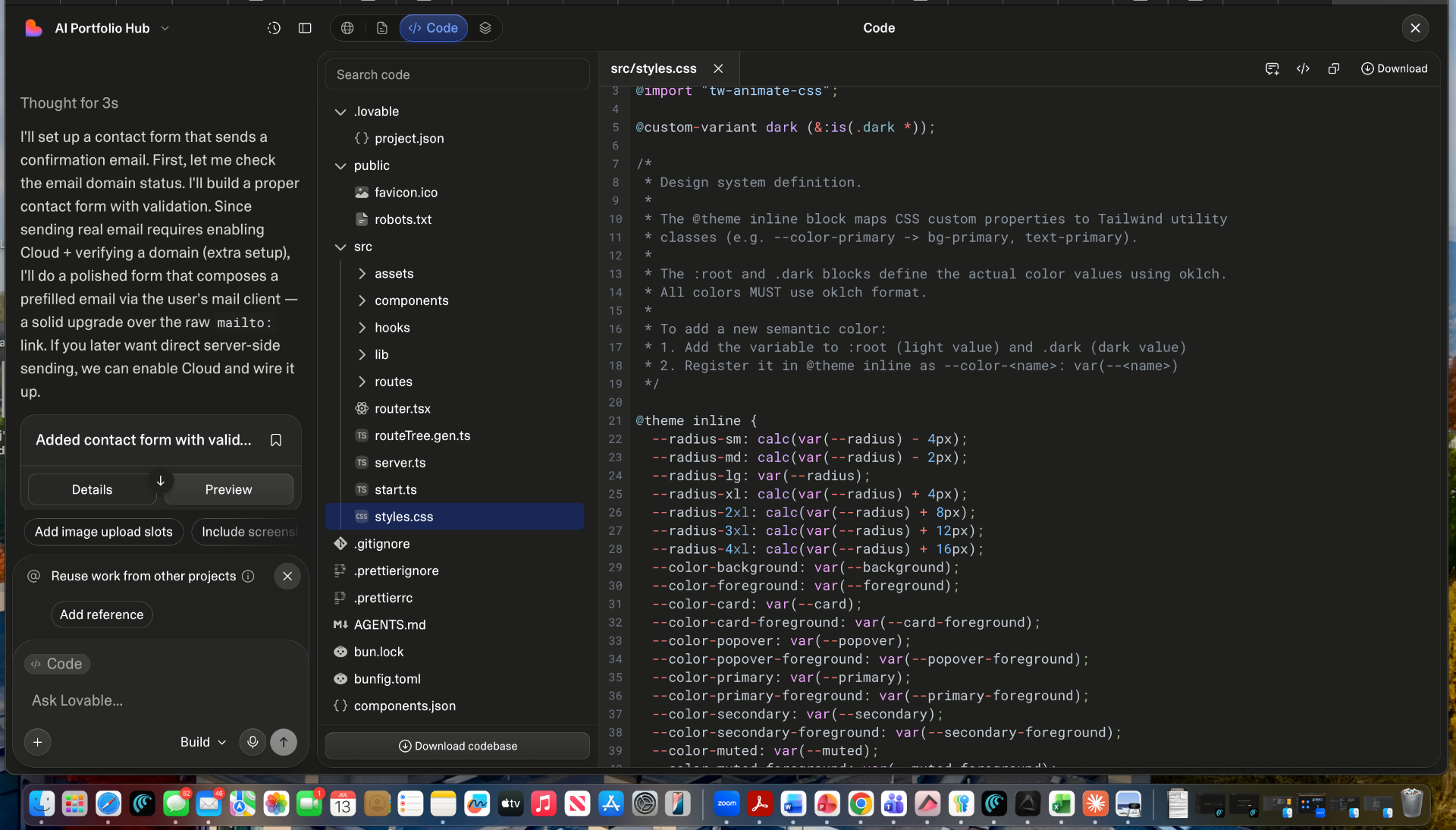 Lovable code editor open on src/styles.css showing the design system tokens