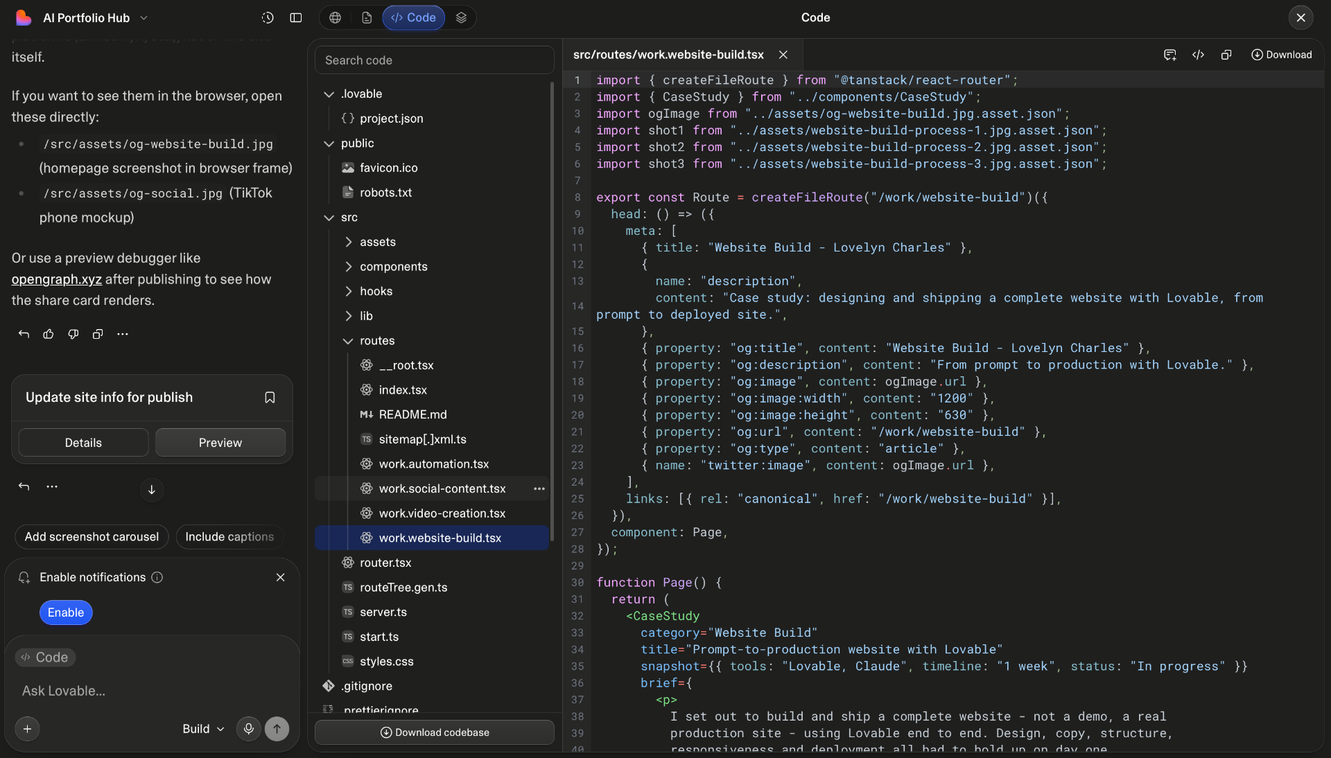Lovable code editor open on src/routes/work.website-build.tsx showing the route file with head() metadata