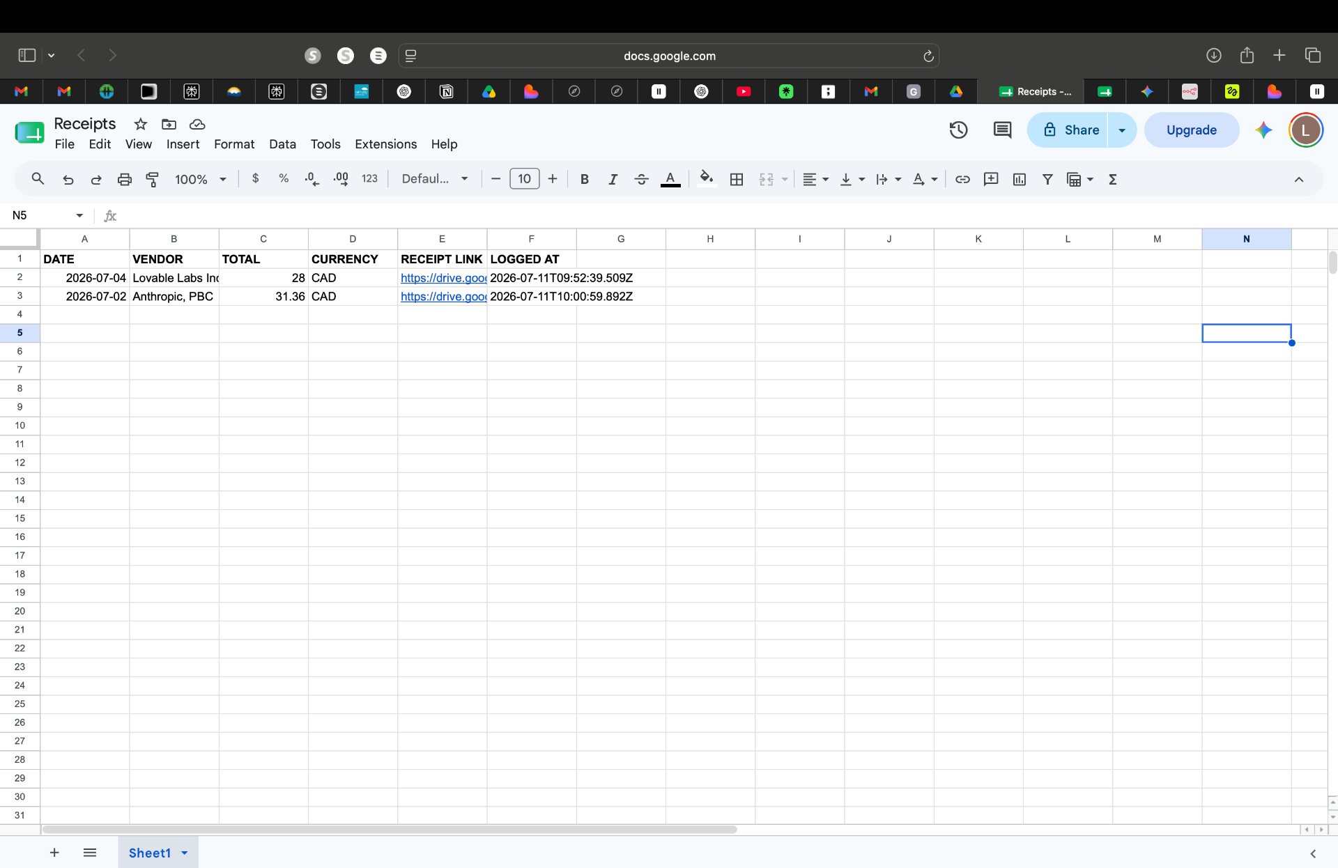 Google Sheet 'Receipts' auto-populated with date, vendor, total, currency, receipt link, and logged-at timestamp.