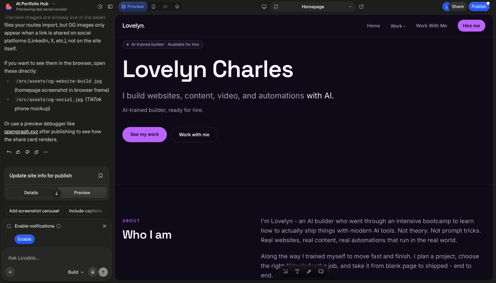 Lovable builder: chat panel driving the portfolio build next to the live preview